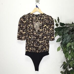 AFRM Floral Puffy Sleeve Thong Bodysuit